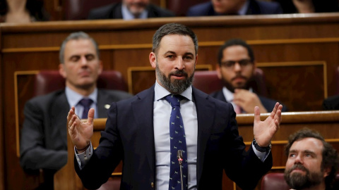 El presidente de Vox, Santiago Abascal, durante su intervención en el Congreso de los Diputados en la primera jornada de la sesión de investidura de Pedro Sánchez como presidente del Gobierno. EFE/Juan Carlos Hidalgo