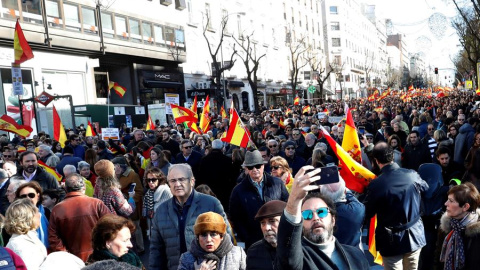 Vista de los participantes en la manifestación celebrada hoy en Madrid, convocada en redes sociales bajo en lema "Por el Futuro de España Unida", coincidiendo con la primera sesión de la jornada de investidura de Pedro Sánchez. EFE/Zipi Vista de los participantes en la manifestación celebrada hoy en Madrid, convocada en redes sociales bajo en lema "Por el Futuro de España Unida", coincidiendo con la primera sesión de la jornada de investidura de Pedro Sánchez. EFE/Zipi