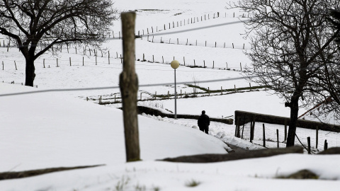 Un hombre camina por la localidad guipuzcoana de Berastegi, cubierta de un manto de nieve. /EFE