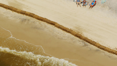 Unos bañistas toman el sol detrás de un muro de balas de heno, colocadas para absorber el petróloe de la marea negra provocada por el accidente de una plataforma de BP en el Golfo de México (11 de mayo de 2010). REUTERS / Brian Snyder