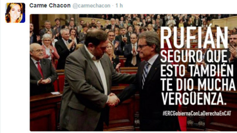 Tuit de Carme Chacón arremetiendo contra Gabriel Rufián por su discurso de ayer en el Congreso. Tuit de Carme Chacón arremetiendo contra Gabriel Rufián por su discurso de ayer en el Congreso.