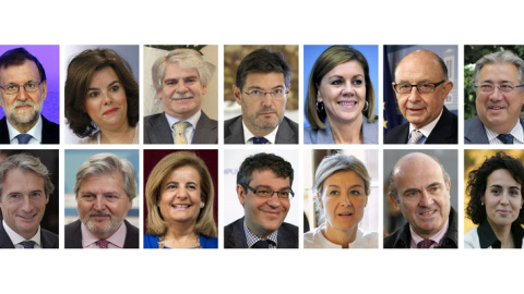 Combo del presidente del Gobierno,Mariano Rajoy, junto a sus ministros del nuevo Gobierno. De izda a dcha, de arriba a abajo: Mariano Rajoy, presidente del Gobierno; Soraya Sáenz de Santamaría, vicepresidenta del Gobierno y ministra de la P Combo del presidente del Gobierno,Mariano Rajoy, junto a sus ministros del nuevo Gobierno. De izda a dcha, de arriba a abajo: Mariano Rajoy, presidente del Gobierno; Soraya Sáenz de Santamaría, vicepresidenta del Gobierno y ministra de la P