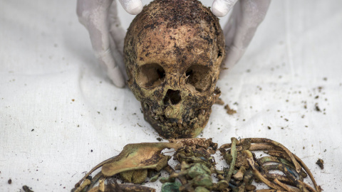 Un voluntario coloca la calavera de un cuerpo desenterrado de una fosa común masiva en el cementerio de Samut Sakhon (Tailandia). /REUTERS