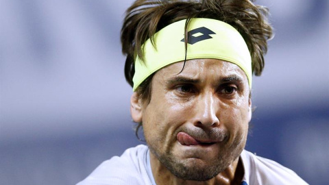 El tenista español David Ferrer devuelve una bola al búlgaro Grigor Dimitrov durante el partido de octavos de final del Masters 1.000 de París. EFE