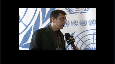 Juan Carlos Monedero en una entrevista este martes, en la reunión de la ONU. Juan Carlos Monedero en una entrevista este martes, en la reunión de la ONU.