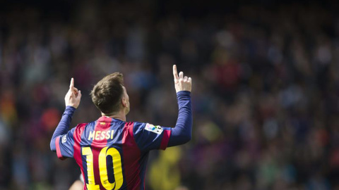 El delantero argentino del FC Barcelona, Leo Messi, muestra su alegría tras anotar el cuarto gol de su equipo frente al Rayo Vallecano.- EFE El delantero argentino del FC Barcelona, Leo Messi, muestra su alegría tras anotar el cuarto gol de su equipo frente al Rayo Vallecano.- EFE