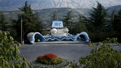 Flores junto a un baño público en Tbilisi (Georgia). REUTERS / David Mdzinarishvili
