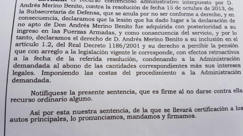 Fallo del Tribunal Superior de justicia Murcia en el caso del exmilitar Andrés Merino, en huelga de hambre frente al Ministerio de Defensa.