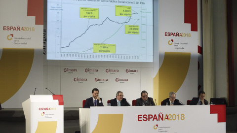El presidente de Telefónica y del Consejo Empresarial para la competitividad, César Alierta, en la presentación del informe 'España 2018'. EFE/Javier Belver El presidente de Telefónica y del Consejo Empresarial para la competitividad, César Alierta, en la presentación del informe 'España 2018'. EFE/Javier Belver