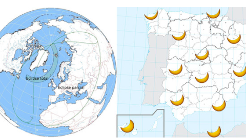 Zonas de la Tierra donde se verá el eclipse total de Sol, como en las islas Feroe y Svalbard, y de modo parcial, como en España. /OAN Zonas de la Tierra donde se verá el eclipse total de Sol, como en las islas Feroe y Svalbard, y de modo parcial, como en España. /OAN