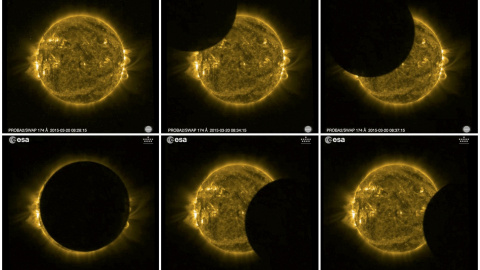 Una combinación de fotos de la Agencia Espacial Europea (ESA) con las diversas fases del eclipse parcial de sol. REUTERS