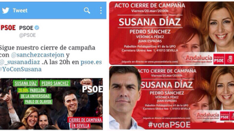 Carteles del mitin de cierre de campaña socialista en Andalucía que circulan por las redes sociales. M.S. Carteles del mitin de cierre de campaña socialista en Andalucía que circulan por las redes sociales. M.S.
