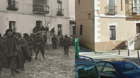 A la izquierda, prisioneros de guerra italianos en la plaza del pueblo de Torija. A la derecha, la plaza en la actualidad. A la izquierda, prisioneros de guerra italianos en la plaza del pueblo de Torija. A la derecha, la plaza en la actualidad.
