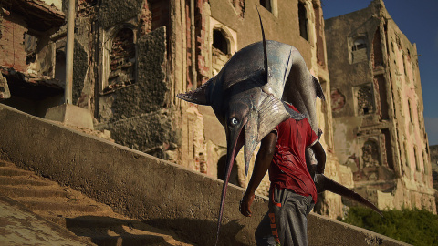 Un hombre lleva un pez vela en la cabeza por el barrio Hamarweyne, al sur de Mogadiscio. CARL DE SOUZA (AFP)