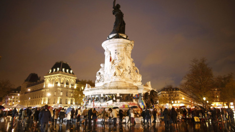 Un grupo de personas guardan un minuto de silencio en frente de las flores, velas y mensajes en la Plaza de la República, en honor a las víctimas del atentado de Francia que provocó 130 muertos. REUTERS/Charles Platiau