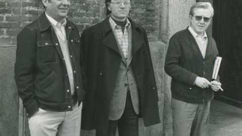 De izquierda a derecha Jesús Mancho (UGT),  Nicolás Sartorius (CCOO) y Manuel Zaguirre (USO) en 1977.