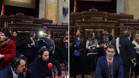El líder del Podemos, Pablo Iglesias, y el de Ciudadanos, Albert Rivera, atienden a las radios en el hemiciclo del Congreso de los Diputados, en las jornadas de puertas abiertas. EFE El líder del Podemos, Pablo Iglesias, y el de Ciudadanos, Albert Rivera, atienden a las radios en el hemiciclo del Congreso de los Diputados, en las jornadas de puertas abiertas. EFE