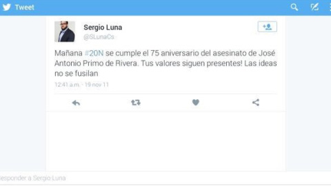 Pantallazo de los mensaje de Sergio Luna, portavoz de C's en Soto del Real, publicada por una de las cuentas 'fake' de Ciudadanos en Twitter Pantallazo de los mensaje de Sergio Luna, portavoz de C's en Soto del Real, publicada por una de las cuentas 'fake' de Ciudadanos en Twitter