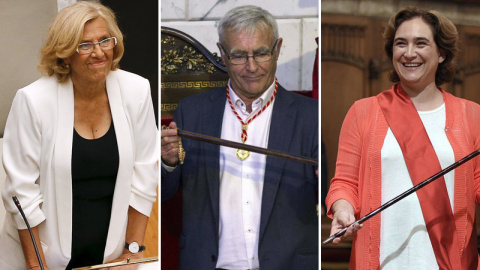 La alcaldesa de Madrid, Manuela Carmena, el de Valencia, Joan Ribó, y la de Barcelona, Ada Colau, el día de su investidura, el pasado mes de junio. EFE/REUTERS/AFP La alcaldesa de Madrid, Manuela Carmena, el de Valencia, Joan Ribó, y la de Barcelona, Ada Colau, el día de su investidura, el pasado mes de junio. EFE/REUTERS/AFP