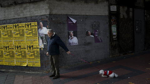 Un hombre pasea a su perro junto a unos carteles de Podemos en Madrid.REUTERS/Susana Vera