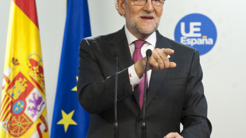 El presidente del Gobierno y candidato del PP, Mariano Rajoy, durante la rueda de prensa tras la cumbre de la UE en Bruselas. EFE/Horst Wagner