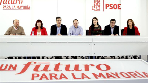 Pedro Sánchez, junto al secretario de Organización y Acción electoral, César Luena, la presidenta del partido, Micaela Navarr, el sercretario de Política Federal, Antonio Pradas, la secretaria de Igualdad, Carmen Montón, el secretario de Ac Pedro Sánchez, junto al secretario de Organización y Acción electoral, César Luena, la presidenta del partido, Micaela Navarr, el sercretario de Política Federal, Antonio Pradas, la secretaria de Igualdad, Carmen Montón, el secretario de Ac