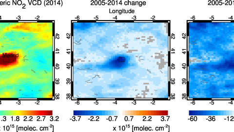 Dióxido de nitrógeno en Madrid en 2014 (izquierda) y el cambio en los últimos 10 años en porcentaje (derecha)./ NASA./ Goddard Space Flight Center Dióxido de nitrógeno en Madrid en 2014 (izquierda) y el cambio en los últimos 10 años en porcentaje (derecha)./ NASA./ Goddard Space Flight Center