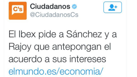 Tuit de Ciudadanos que fue borrado a las pocas horas tras sembrar polémica en la red social. Tuit de Ciudadanos que fue borrado a las pocas horas tras sembrar polémica en la red social.