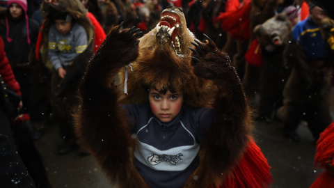 Un niño vestido con la piel de un oso se pasea por las calles de la ciudad Comanesti, en Rumanía, el 30 de diciembre 2015 durante un desfile para ahuyentar a los malos espíritus del pasado año. DANIEL MIHAILESCU / AFP