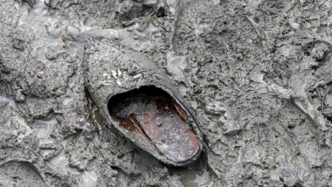 Un zapato tradicional abandonado en el suelo enfangado del campamento provisional para refugiados de procedentes de Irak, Kurdistán, Irán y Siria, cerca de Dunkerque (Francia). REUTERS / Pascal Rossignol
