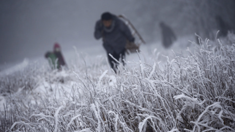 Personas suben una colina durante la primera nevada de este invierno en la montaña de Feldberg, cerca de Frankfurt, en Alemania. REUTERS/Kai Pfaffenbach