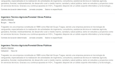 Captura de pantalla de las últimas cuatro ofertas de empleo publicadas por Tragsa Captura de pantalla de las últimas cuatro ofertas de empleo publicadas por Tragsa