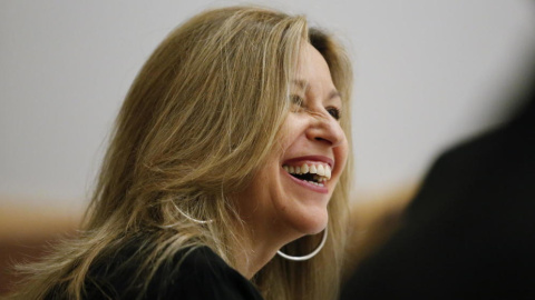 Trinidad Jiménez, en un encuentro con periodistas en la sede de España en la ONU, en Nueva York, el pasado 27 de mayo. (EFE)