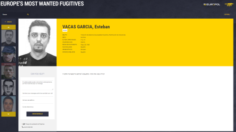 Ficha del español Esteban Vacas, en la página web de Europol de los delincuentes más buscados en Europa. Ficha del español Esteban Vacas, en la página web de Europol de los delincuentes más buscados en Europa.