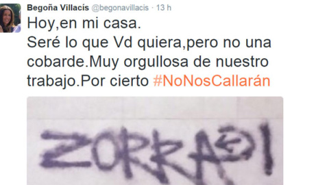 Tuit de la concejal de C's en Madrid Begoña Villacís denunciando pintadas en su casa. Tuit de la concejal de C's en Madrid Begoña Villacís denunciando pintadas en su casa.