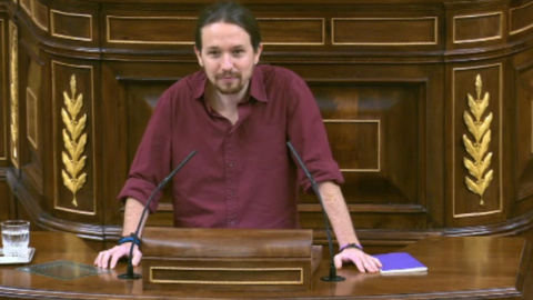 El secretario general de Podemos, Pablo Iglesias, durante su discurso en el Congreso de los Diputados. El secretario general de Podemos, Pablo Iglesias, durante su discurso en el Congreso de los Diputados.