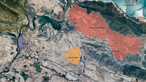 El plano, incluido por Geoalcali en la solicitud del permiso para abrir la mina, muestra las dimensiones de la explotación proyectada y su cercanía al embalse de Yesa, cuya presa, que se asienta sobre una falla, lleva una década en fase de El plano, incluido por Geoalcali en la solicitud del permiso para abrir la mina, muestra las dimensiones de la explotación proyectada y su cercanía al embalse de Yesa, cuya presa, que se asienta sobre una falla, lleva una década en fase de
