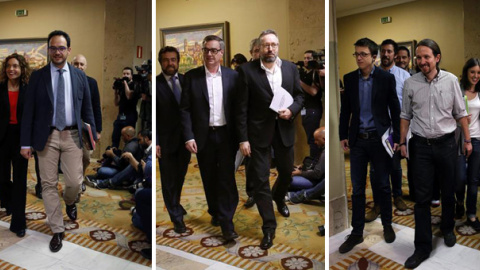 La llegada de las delegaciones negociadoras de PSOE, Ciudadanos y Podemos, para la negociación de un acuerdo de investidura. EFE La llegada de las delegaciones negociadoras de PSOE, Ciudadanos y Podemos, para la negociación de un acuerdo de investidura. EFE