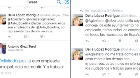 El cruce de tuits entre el alcalde de Boadilla del Monte, Antonio González Terol, y la portavoz municipal del PSOE, Delia López.