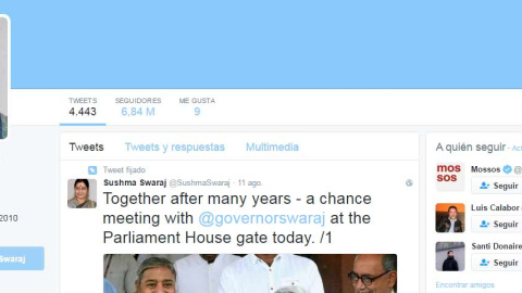 Perfil de la ministra india de Exteriores, Sushma Swaraj, en Twitter. Perfil de la ministra india de Exteriores, Sushma Swaraj, en Twitter.