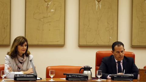 El presidente de la Comisión de Interior, Rafael Merino López, y la vicepresidenta primera, Ana María Botella, en el Congreso de los Diputados. EFE/Javier Lizón El presidente de la Comisión de Interior, Rafael Merino López, y la vicepresidenta primera, Ana María Botella, en el Congreso de los Diputados. EFE/Javier Lizón
