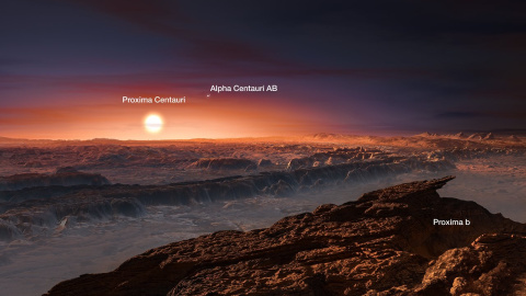llustración del planeta (Proxima b) que orbita Próxima Centauri, la estrella más cercana. /ESO