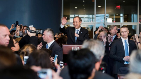 El secretario general de la ONU, Ban Ki Moon, en su despedida. EFE/EPA/AMANDA VOISARD / UNITED NATIONS HANDOUT El secretario general de la ONU, Ban Ki Moon, en su despedida. EFE/EPA/AMANDA VOISARD / UNITED NATIONS HANDOUT