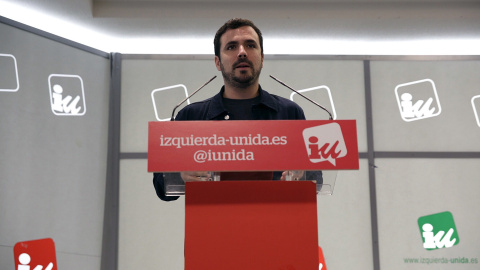 El coordinador federal de Izquierda Unida, Alberto Garzón, durante la rueda de prensa que ha ofrecido en la sede de la formación. EFE/Ana Márquez El coordinador federal de Izquierda Unida, Alberto Garzón, durante la rueda de prensa que ha ofrecido en la sede de la formación. EFE/Ana Márquez