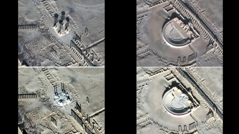 Imagen por satélite del antes y el después del Tetrápilo (i.) y del Teatro Romano de Palmira, tras los daños causados por el Estado Islámico. REUTERS Imagen por satélite del antes y el después del Tetrápilo (i.) y del Teatro Romano de Palmira, tras los daños causados por el Estado Islámico. REUTERS