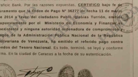 Fragmento del documento que acredita que Pablo Iglesias no cobró de Venezuela en el Euro Pacific Bank de las Islas Granadinas. Fragmento del documento que acredita que Pablo Iglesias no cobró de Venezuela en el Euro Pacific Bank de las Islas Granadinas.