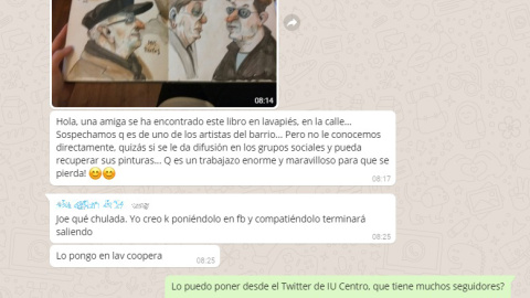 Conversación del grupo de Whatsapp de la Red de Solidaridad Popular para buscar al ilustrador. Conversación del grupo de Whatsapp de la Red de Solidaridad Popular para buscar al ilustrador.