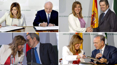 De izquierda a derecha y de arriba a abajo, la presidenta de la Junta de Andalucía con los presidentes de las grandes empresas y bancos con los que firmó acuerdos al princio de su mandato: BBVA, Francisco González, Endesa, Borja Prado, de De izquierda a derecha y de arriba a abajo, la presidenta de la Junta de Andalucía con los presidentes de las grandes empresas y bancos con los que firmó acuerdos al princio de su mandato: BBVA, Francisco González, Endesa, Borja Prado, de