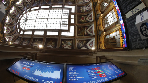 El patio de negociación de la Bolsa de Madrid, y los paneles informativos. EFE/Javier Lizón El patio de negociación de la Bolsa de Madrid, y los paneles informativos. EFE/Javier Lizón