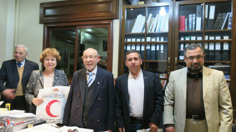 Javier Couso en una de sus reuniones en su viaje a Alepo y Damasco